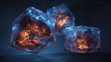 Abstract translucent ice cubes illuminated with contrasting blue and orange light display