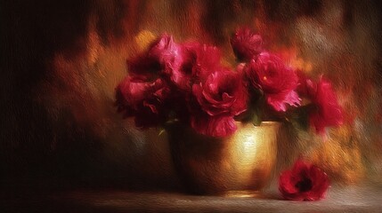 Impasto style digital painting of lush red roses bouquet held in a shiny golden vase, moody lighting.