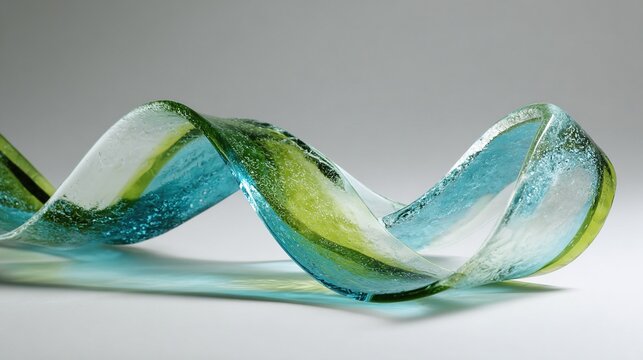 Textured abstract art glass sculpture in vibrant blue and green colors forming a wave shape.