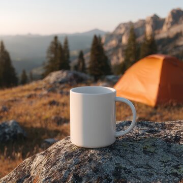 White mug on a rock at a campsite with a tent