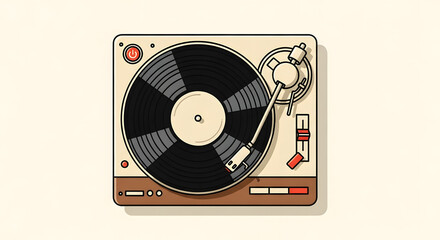 Vintage record player illustration with a vinyl disc and needle.