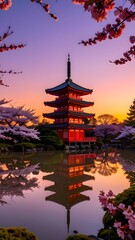 Fototapeta premium Beautiful Japanese pagoda reflected in tranquil water surrounded by blooming cherry blossoms at sunset
