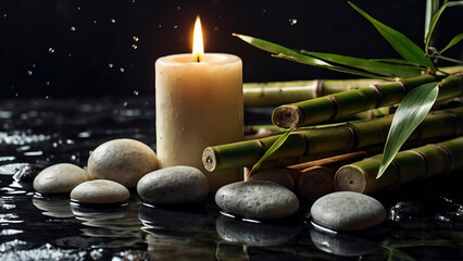 Obraz premium Serene Spa Still Life with Gray Stones, Green Bamboo, and Lit Candle – Relaxation & Meditation Decor
