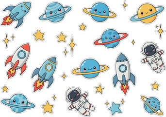 Cute Space Stickers Rockets Planets Astronauts and Stars.