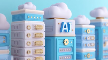 Cloud computing technology and ai server racks stacked, stylized pastel 3d render concept.