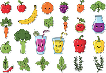 Cute Cartoon Fruits and Vegetables Sticker Set Illustration.