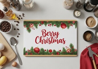Festive 'Berry Christmas' cutting board on a kitchen counter surrounded by baking ingredients and utensils.