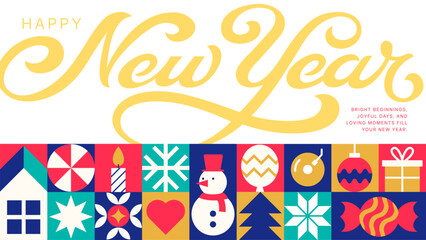 Elegant Happy New Year Typography - Stylish Icon Grid Pattern Design for Holiday Greeting Themes