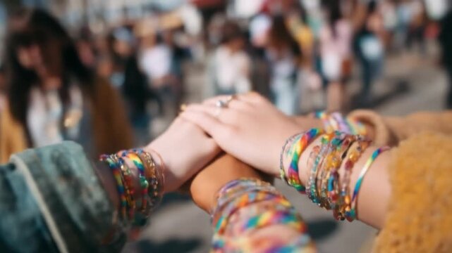Group of hands adorned with colorful bracelets stacked together, representing unity