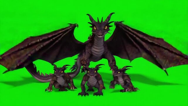 A cartoon dragon with three small dragons on a green background with spread wings and tail visible green screen dragon video