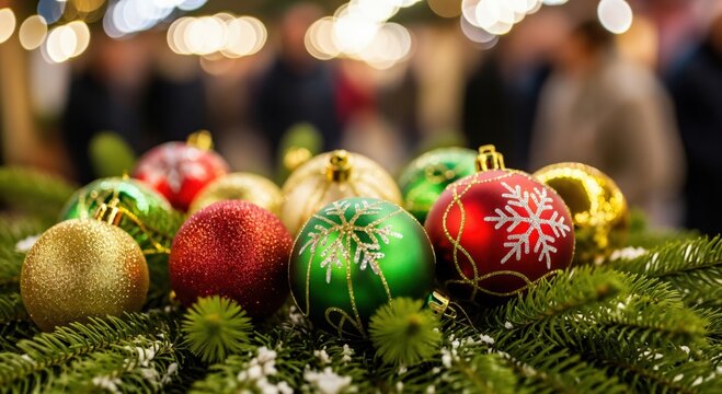 Vibrant red, green, and gold Christmas ornaments nestled on fresh fir branches with sparkling bokeh lights in a festive holiday setting.