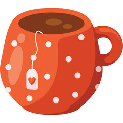 Cozy Orange Polka Dot Ceramic Mug Filled With Dark Hot Beverage And Tea Bag Showing Heart Detail Isolated On Transparent Background