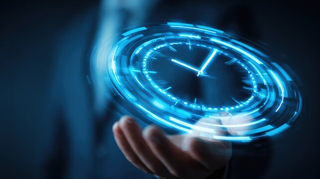 Conceptual holographic clock rotating over a businessman's hand representing efficient time management. - Powered by Adobe