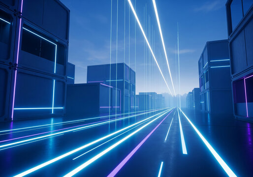 Futuristic cityscape with glowing neon light trails on a clear blue sky, representing speed and technology in a modern urban environment