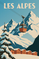 Ski resort with red gondola lift alpine chalet snowy landscape retro poster illustration