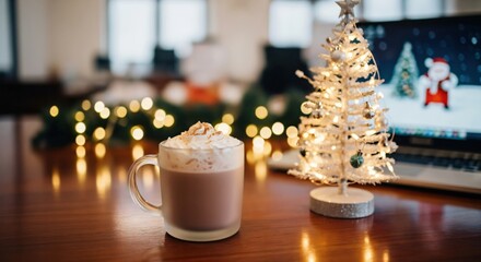 Cozy hot chocolate with whipped cream on a wooden desk next to a festive mini Christmas tree and a laptop with holiday wallpaper, creating a warm winter atmosphere