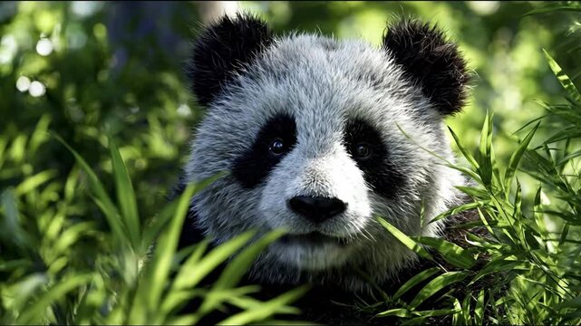 Close up of a panda bear in lush green foliage sunlight