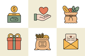 Flat vector icons for charity, featuring money, heart, gifts, representing donation, care, and social support,