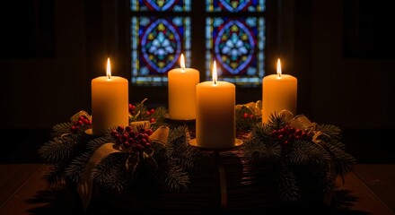 Advent Sunday Wreath Candles Glowing with Hope & Christmas Tradition in Church Setting