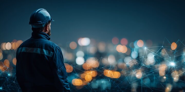Back view of a civil engineer wearing hardhat overseeing cityscape at night with digital network, concept for infrastructure project, urban planning and engineering solutions