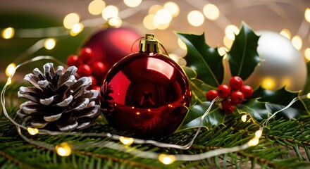 Vibrant Christmas Arrangement Featuring Glossy Red Ornaments, Frosted Pinecone, Holly Berries, and Golden String Lights