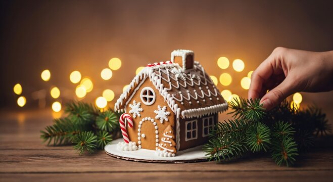Festive gingerbread house with white icing and candy cane, surrounded by green spruce branches on a wooden table with warm bokeh lights, a hand arranging holiday decor for Christmas.