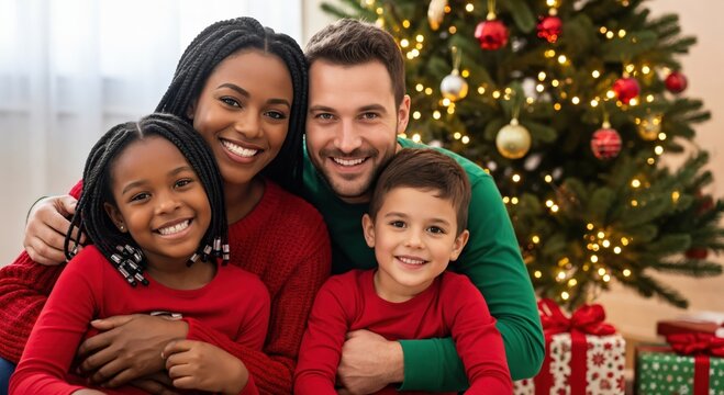Happy diverse family of four, including a Black mother and daughter and a White father and son, smiling together in front of a festive Christmas tree with presents.