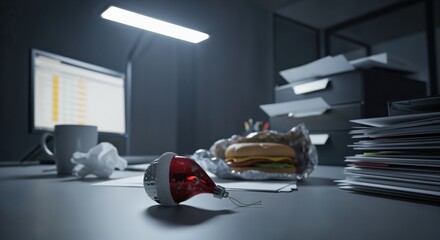 Late night work scene in a dimly lit office with a computer, papers, and a forgotten Christmas ornament on the desk