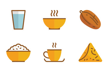 Flat color icons for meal, illustrating dates, water, rice, representing iftar, fasting, and traditional culture,