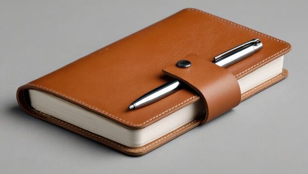 Brown leather notebook with a silver pen on a gray background