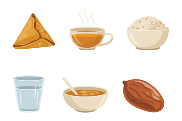 Detailed flat vector icons for meal, showing rice, drink, dates, representing iftar, fasting, and traditional culture,