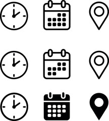 Three rows of black clock calendar and location pin icons clock icon calendar icon