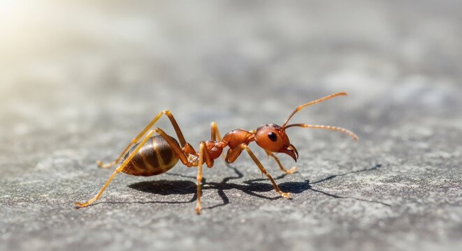 Ants life Red ant portrait with macro world, natures tiny workers, and concrete.