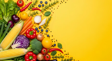 An overhead shot of various fresh vegetables and fruits arranged on a yellow background surface