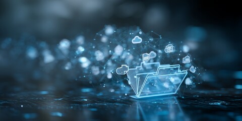 Glowing digital folder with cloud icons connected by nodes on dark surface, concept for data management, online storage and information technology