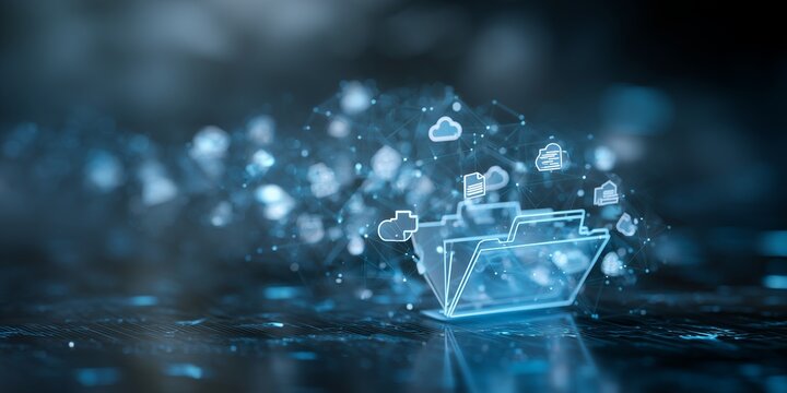 Glowing digital folder with cloud icons connected by nodes on dark surface, concept for data management, online storage and information technology