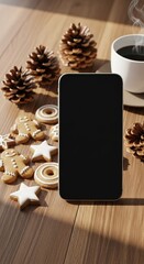 Smartphone mockup on a wooden table surrounded by Christmas gingerbread cookies, pine cones, and a cup of coffee.