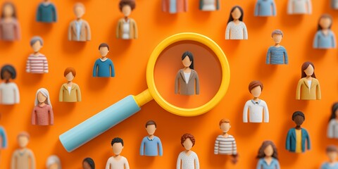 Stylized 3D render showing many diverse miniature people figures with magnifying glass focusing on one, concept for talent acquisition leadership executive search and team building