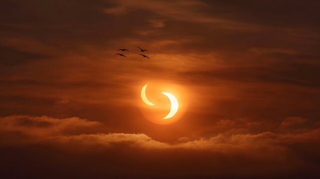 A striking solar eclipse is depicted with a double crescent sun silhouetted birds and dramatic clouds