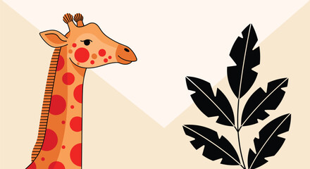 Fototapeta premium Cartoon giraffe with red spots and tropical plant silhouette, playful animal illustration for kids, nature, jungle, and wildlife themes