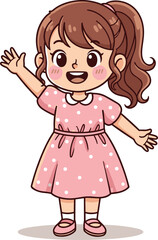 Cartoon girl waving in pink polka dot dress, smiling child character illustration for kids, education, greeting, and design content