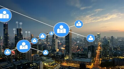 Urban skyline at dusk with digital connections representing networking and community engagement - Powered by Adobe