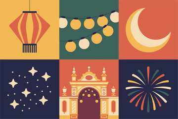Flat color icons for festival, illustrating lantern, moon, mosque, representing celebration, party, and night decor,