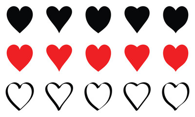 Set of hearts stroke and fill style in black and red color, Red heart icons set vector, Black heart set with line art. Set of different shapes of heart. Heart collection.