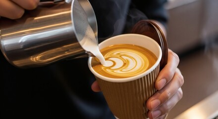 Latte Art Magic Creamy Milk Pouring into Coffee Cup.