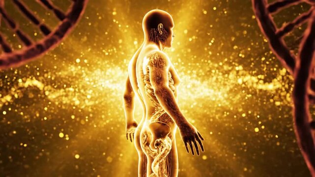 Golden Human Anatomy with Visible Skeleton and Rotating DNA Helices.