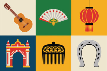 Detailed flat vector icons for tradition, showing horseshoe, arch, guitar, representing luck and cultural event,