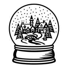 A charming winter village scene with houses, trees, and a bridge inside a classic snow globe.