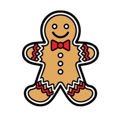 A cheerful gingerbread man with a red bow tie and festive icing stands ready for Christmas.