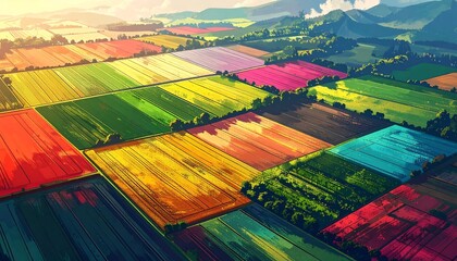A vibrant aerial view of farmland with squares of vivid hues, contrasting textures, and rolling hills under a sunny sky
